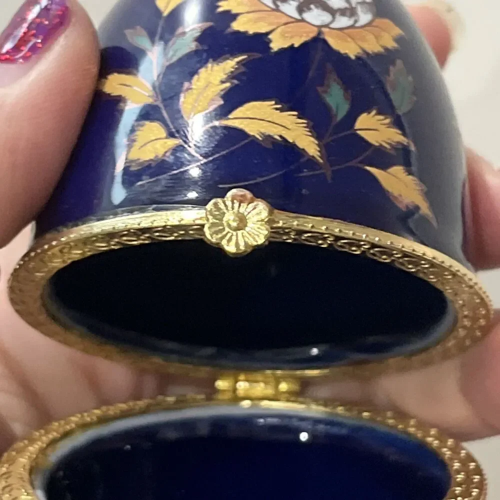 Cobalt Blue Porcelain Egg Trinket Box Footed with Floral Decoration